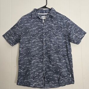 VSTR Premium Mens Medium Button Up Shirt Navy Blue Wave Print Cotton Resort wear